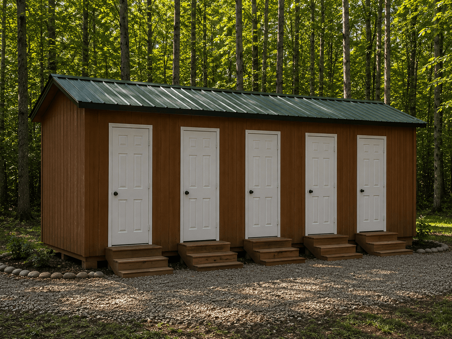 Wooden bath house in the woods with five private shower and toilet rooms under a green metal roof