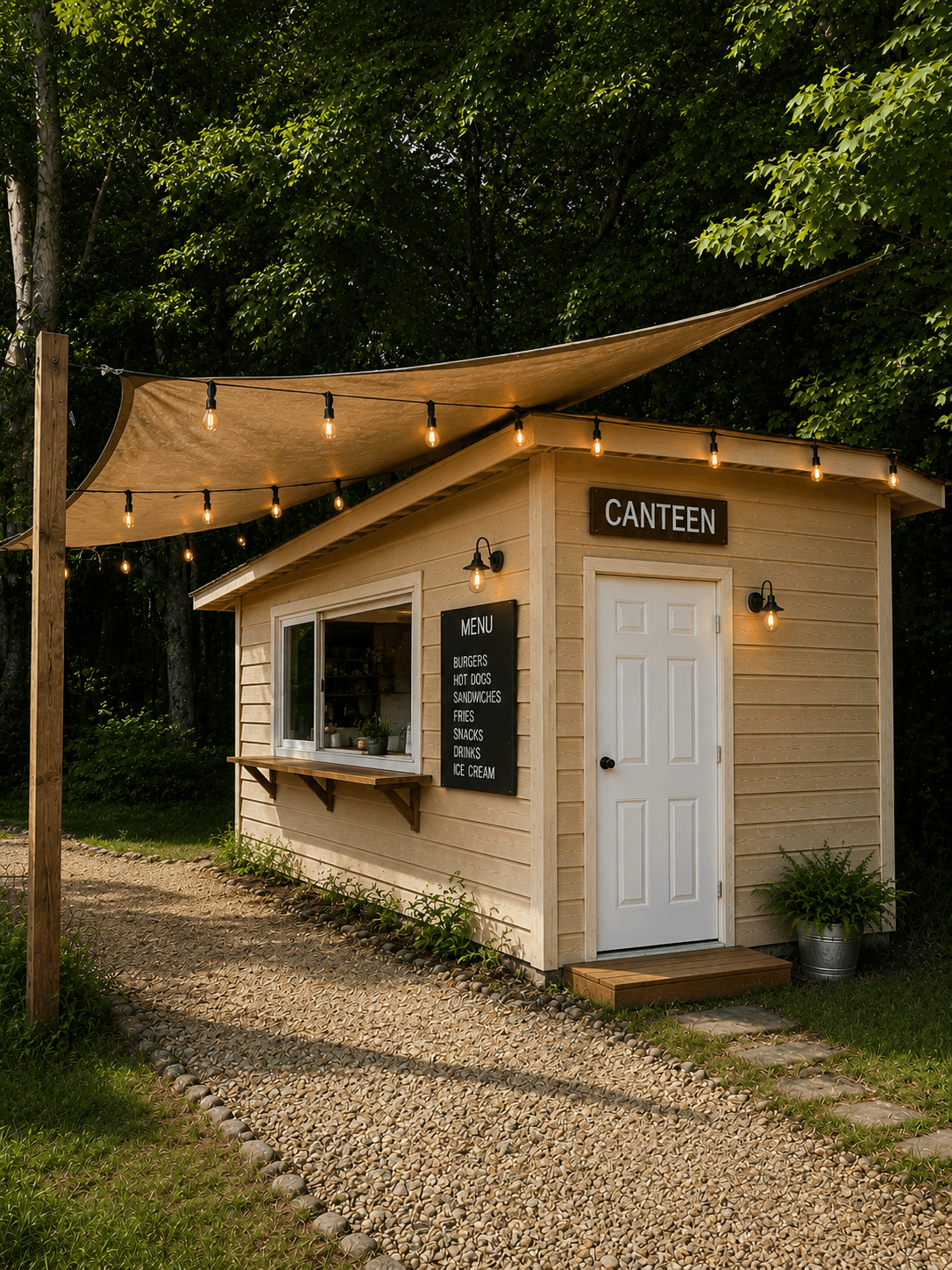 The Shabbos Village canteen — a snack shack with a menu board, string lights, and a shaded awning