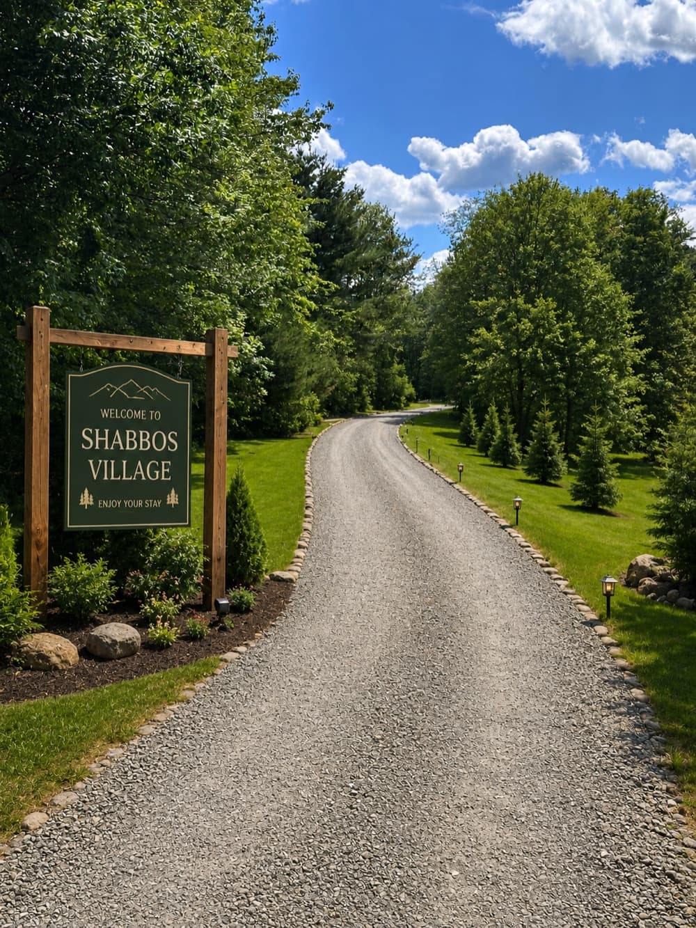 Welcome to Shabbos Village sign at the entrance driveway